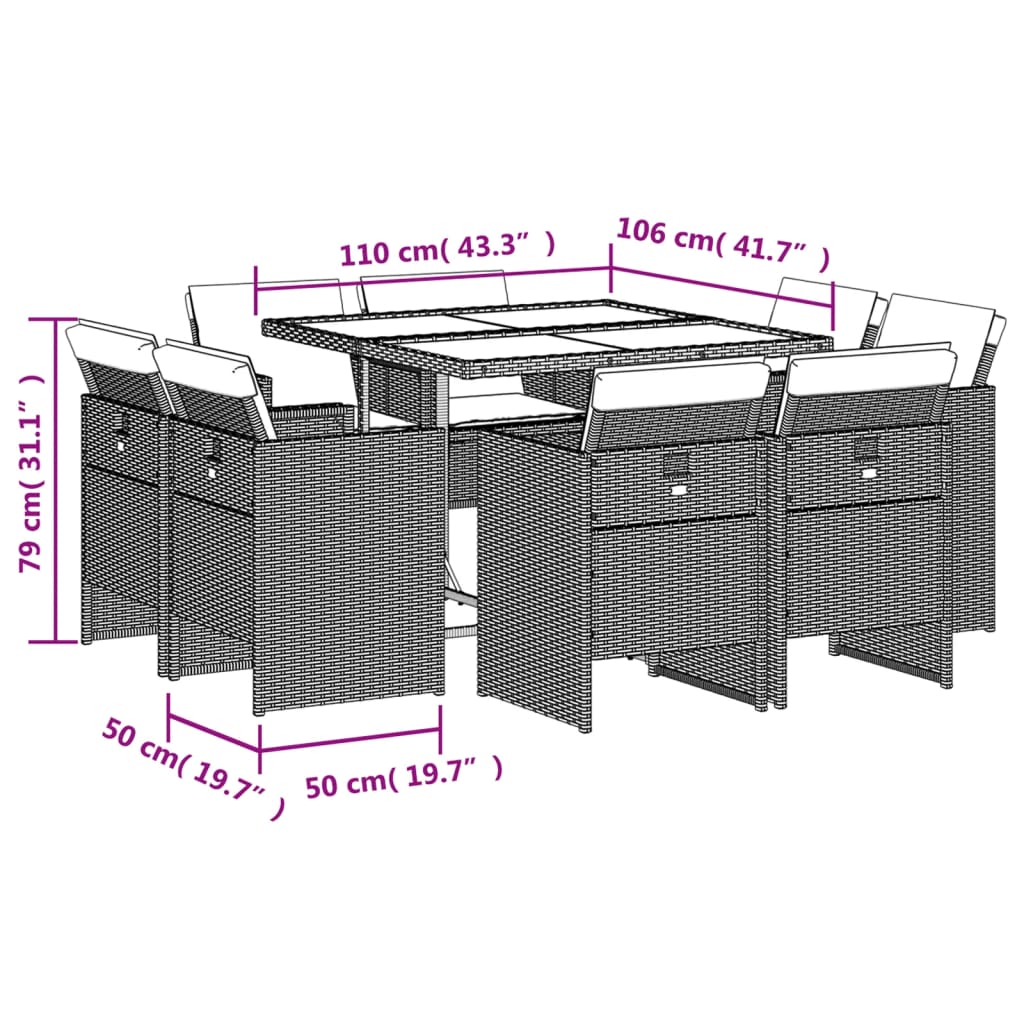 vidaXL Set comedor para jardín 9 pzas y cojines ratán sintético marrón