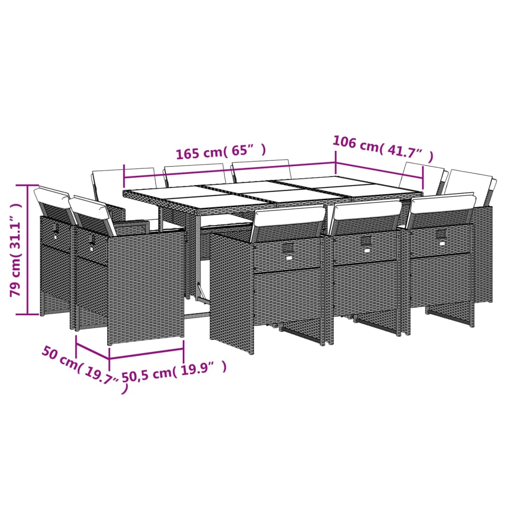 vidaXL Set comedor de jardín 11 pzas y cojines ratán sintético marrón