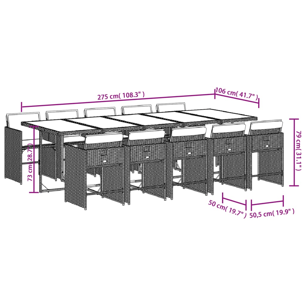 vidaXL Set comedor de jardín 11 pzas y cojines ratán sintético marrón