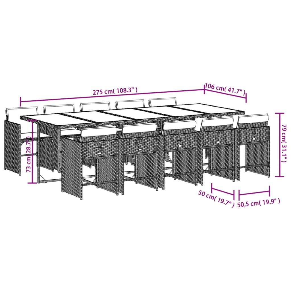 vidaXL Set de comedor de jardín 11 pzas y cojines ratán sintético gris