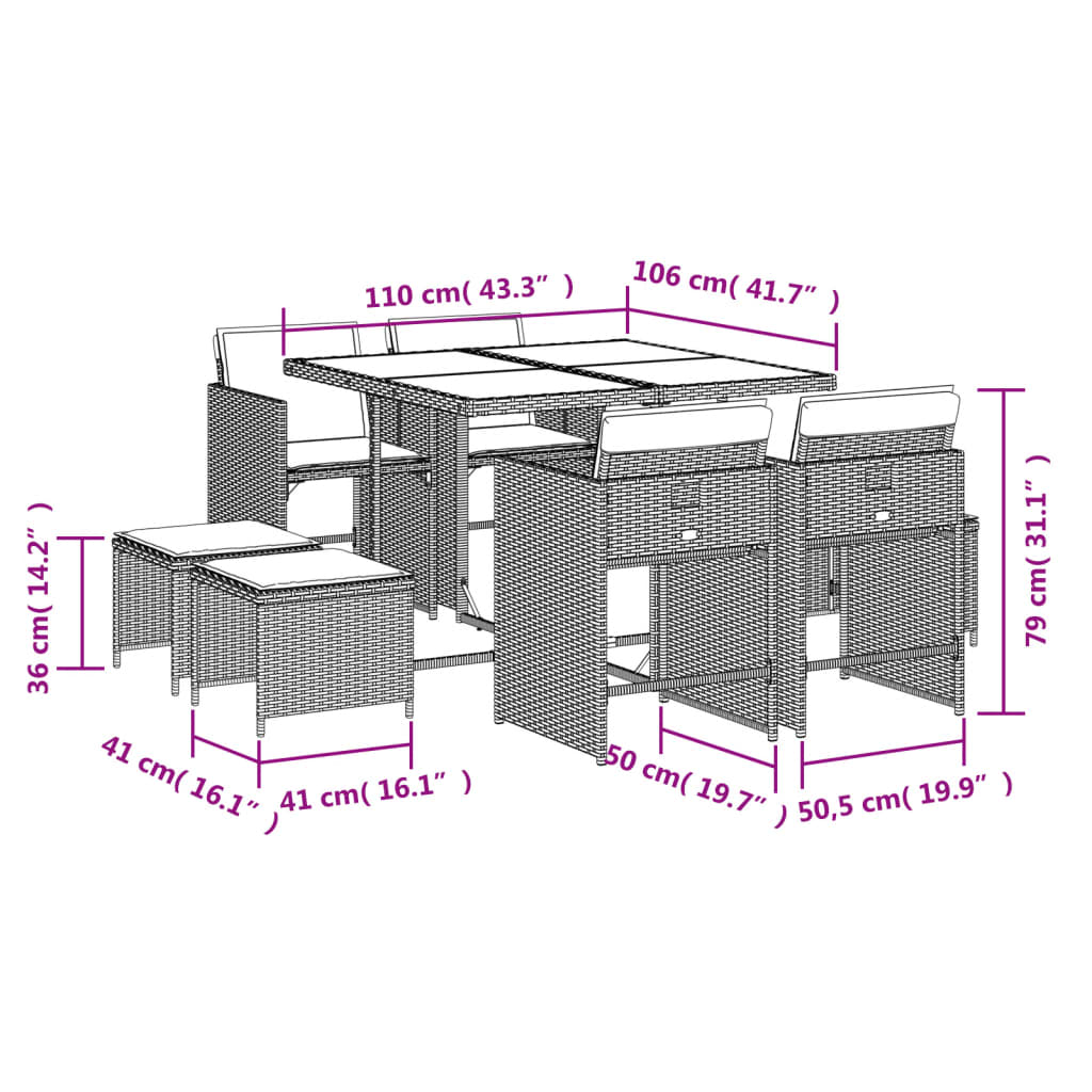 vidaXL Set comedor para jardín 9 pzas y cojines ratán sintético marrón