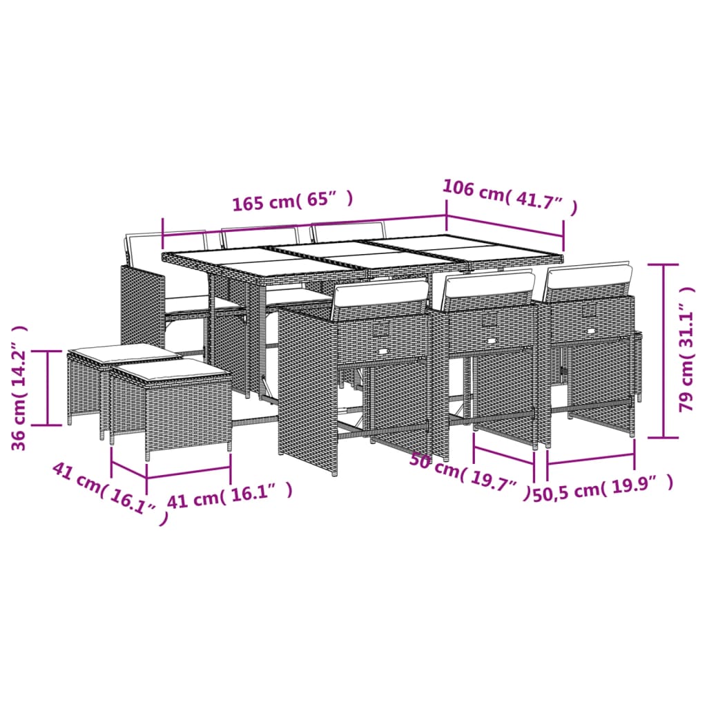 vidaXL Set comedor de jardín 11 pzas y cojines ratán sintético marrón