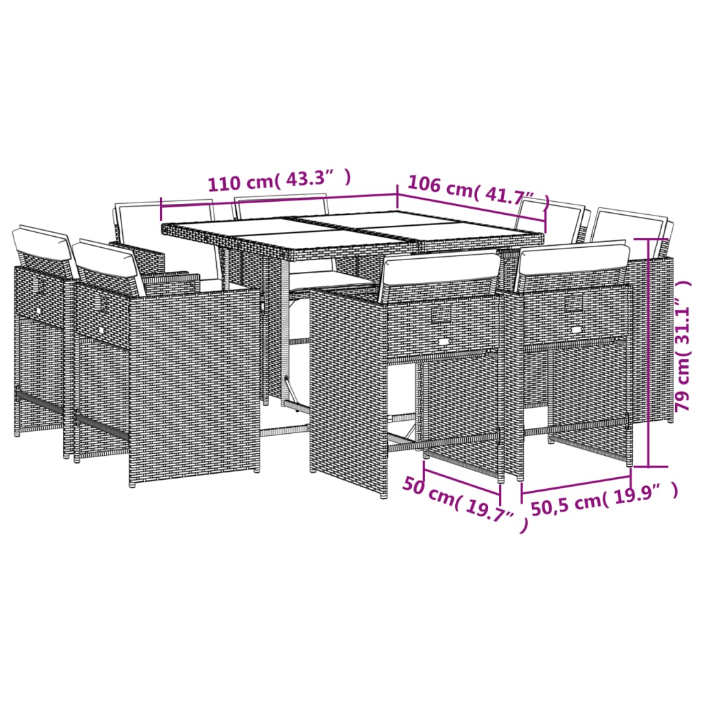 vidaXL Set de comedor de jardín 9 pzas y cojines ratán sintético negro