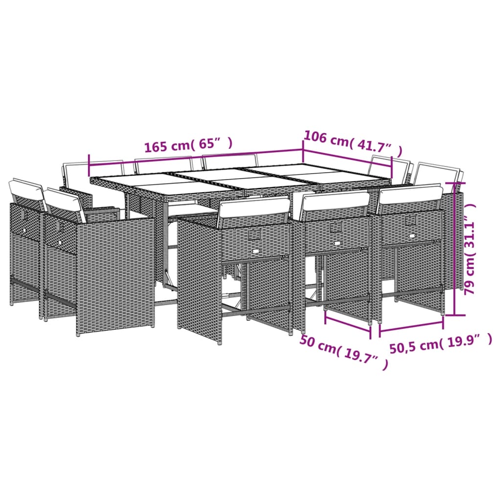 vidaXL Set de comedor de jardín 11 pzas y cojines ratán sintético gris