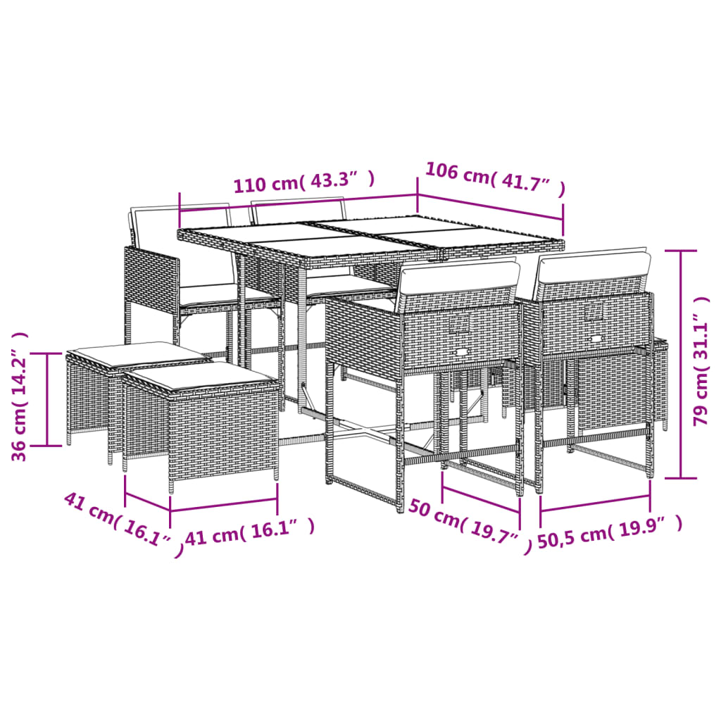 vidaXL Set comedor para jardín 9 pzas y cojines ratán sintético marrón