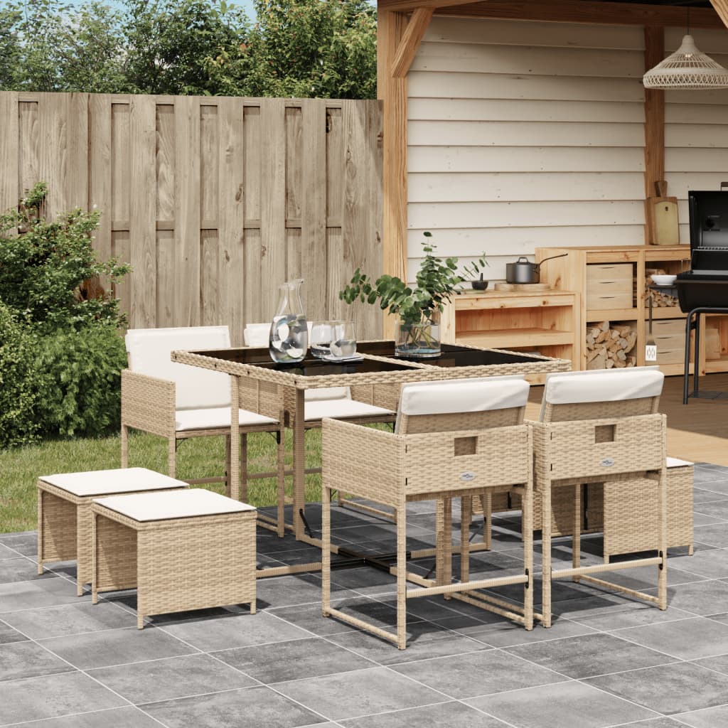 vidaXL Set comedor de jardín 9 pzas con cojines ratán sintético beige