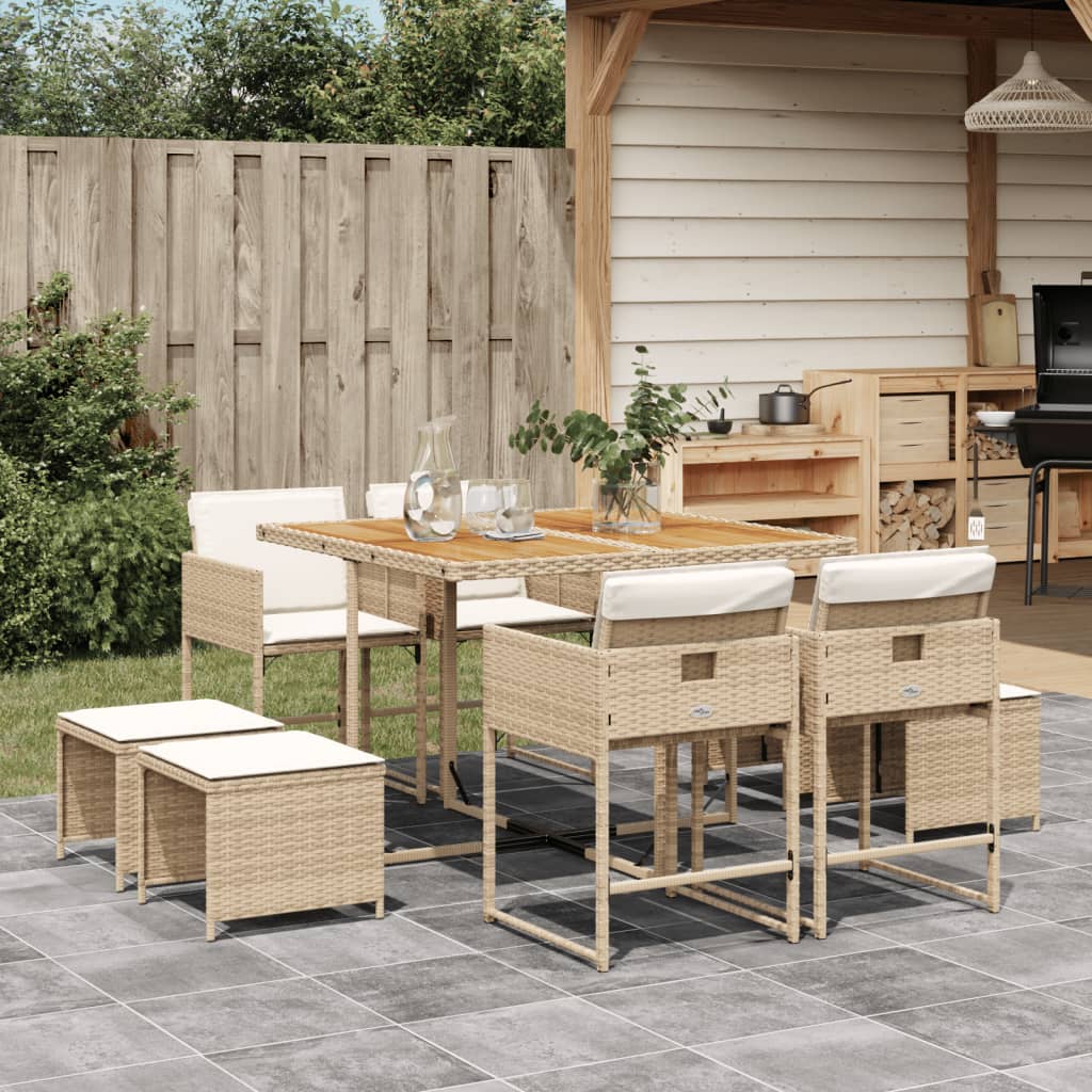 vidaXL Set comedor de jardín 9 pzas con cojines ratán sintético beige