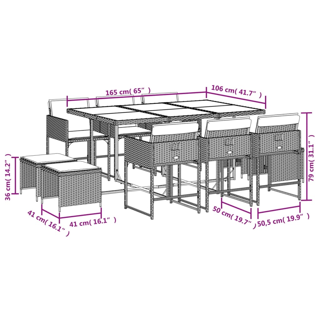 vidaXL Set comedor de jardín 11 pzas y cojines ratán sintético marrón