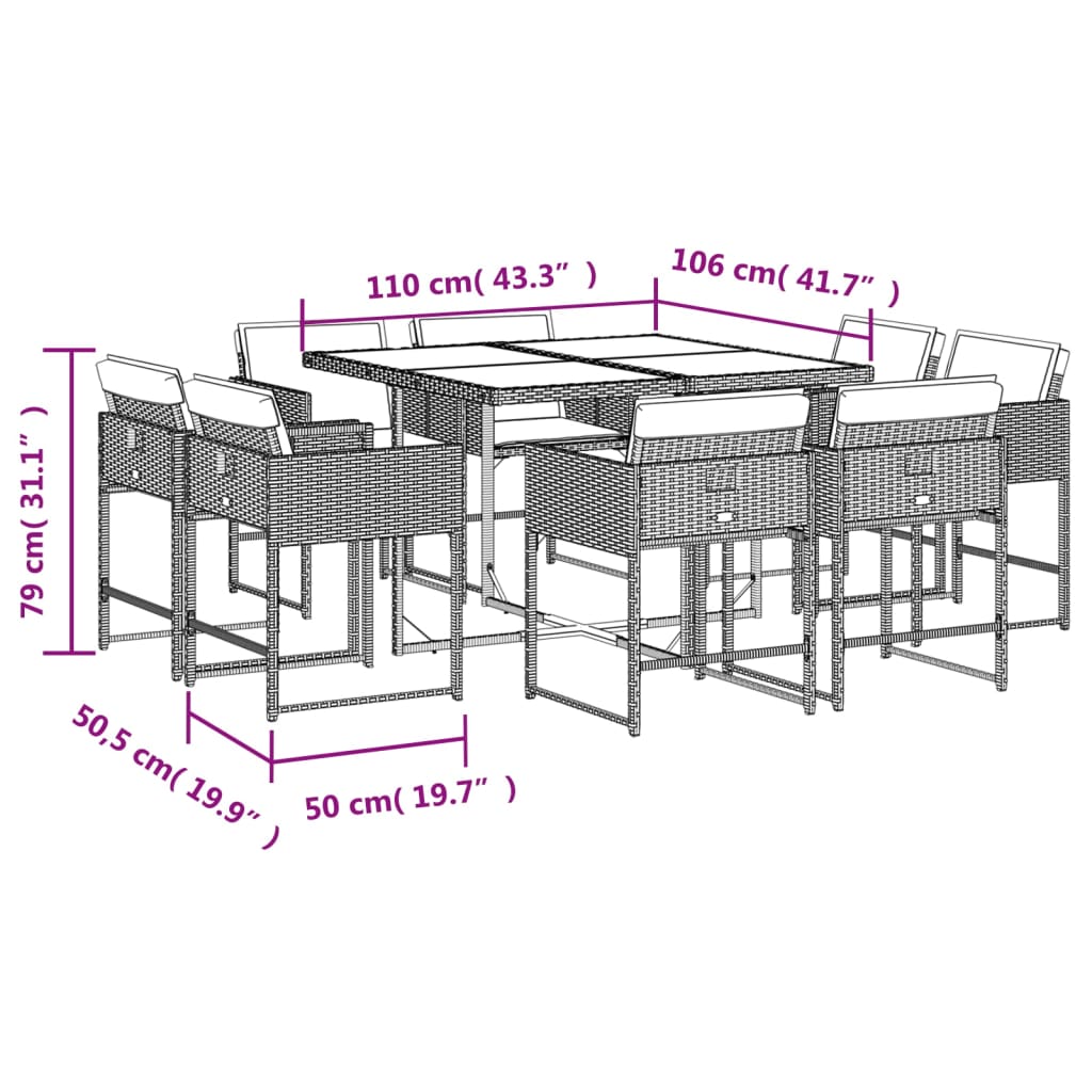 vidaXL Set de comedor de jardín 9 pzas y cojines ratán sintético negro