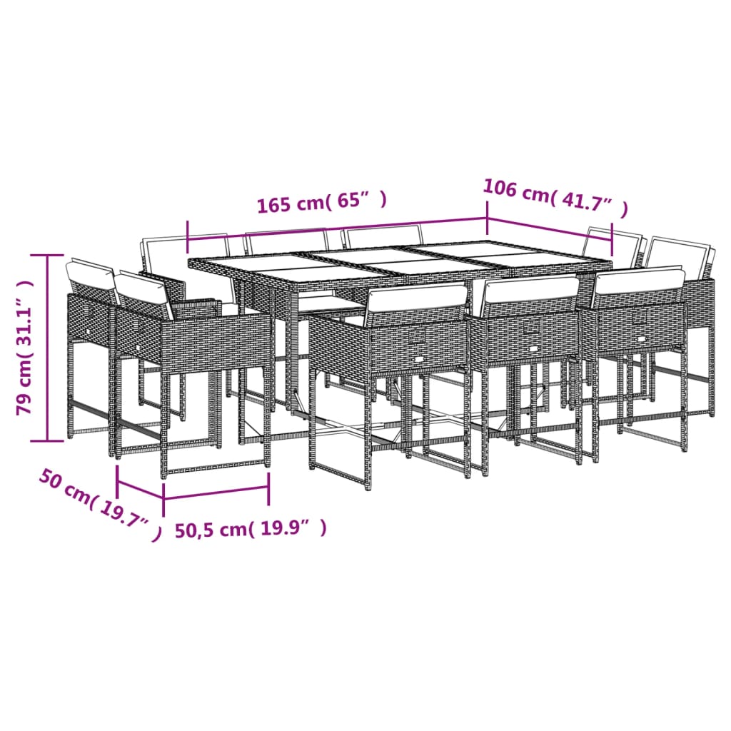 vidaXL Set de comedor de jardín 11 pzas y cojines ratán sintético gris