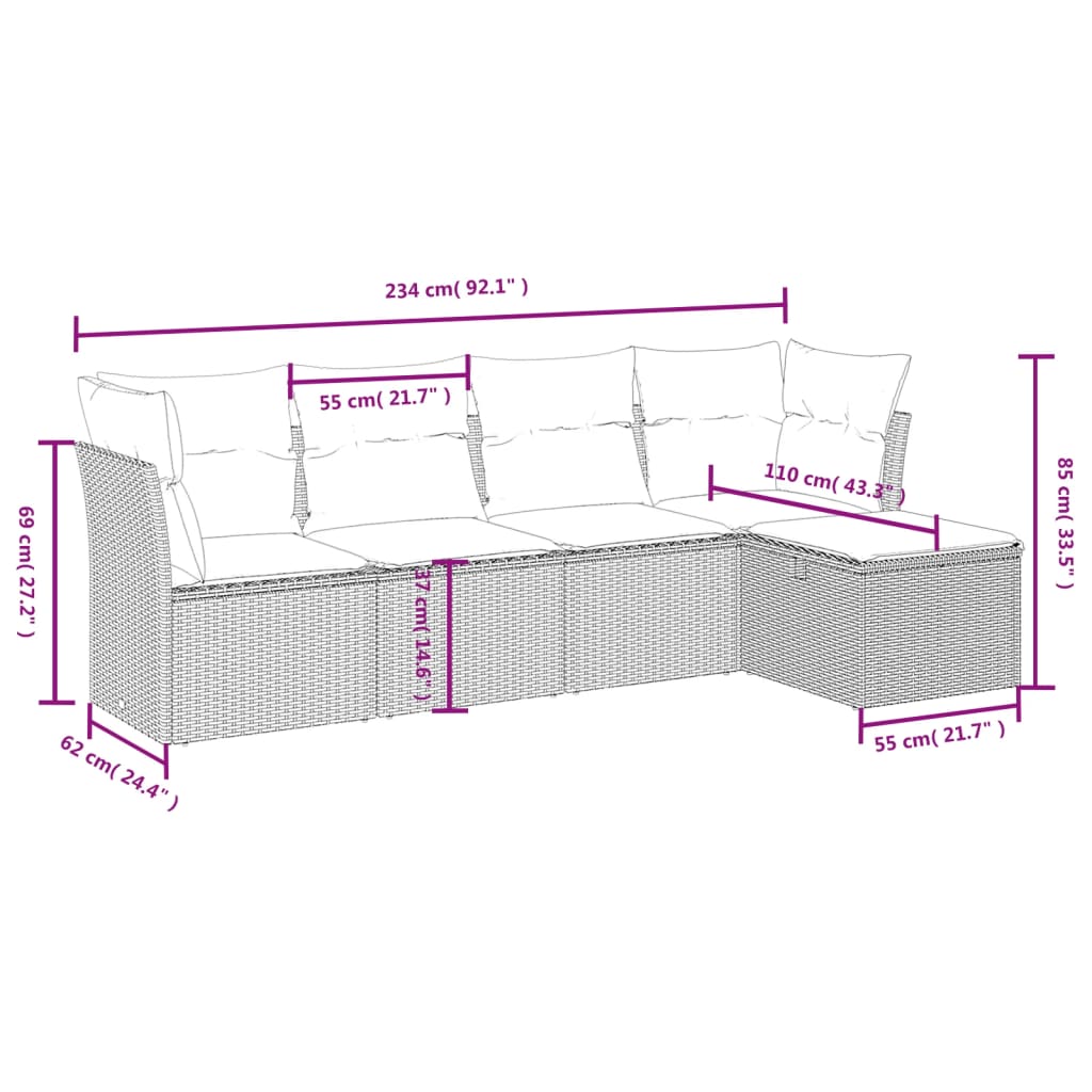 vidaXL Set comedor de jardín 5 piezas y cojines ratán sintético marrón