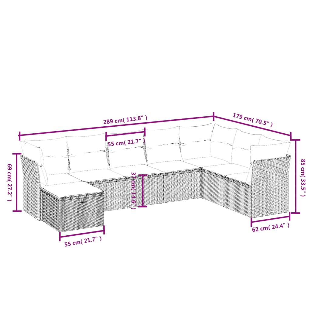 vidaXL Set de sofás de jardín 8 pzas y cojines ratán sintético gris