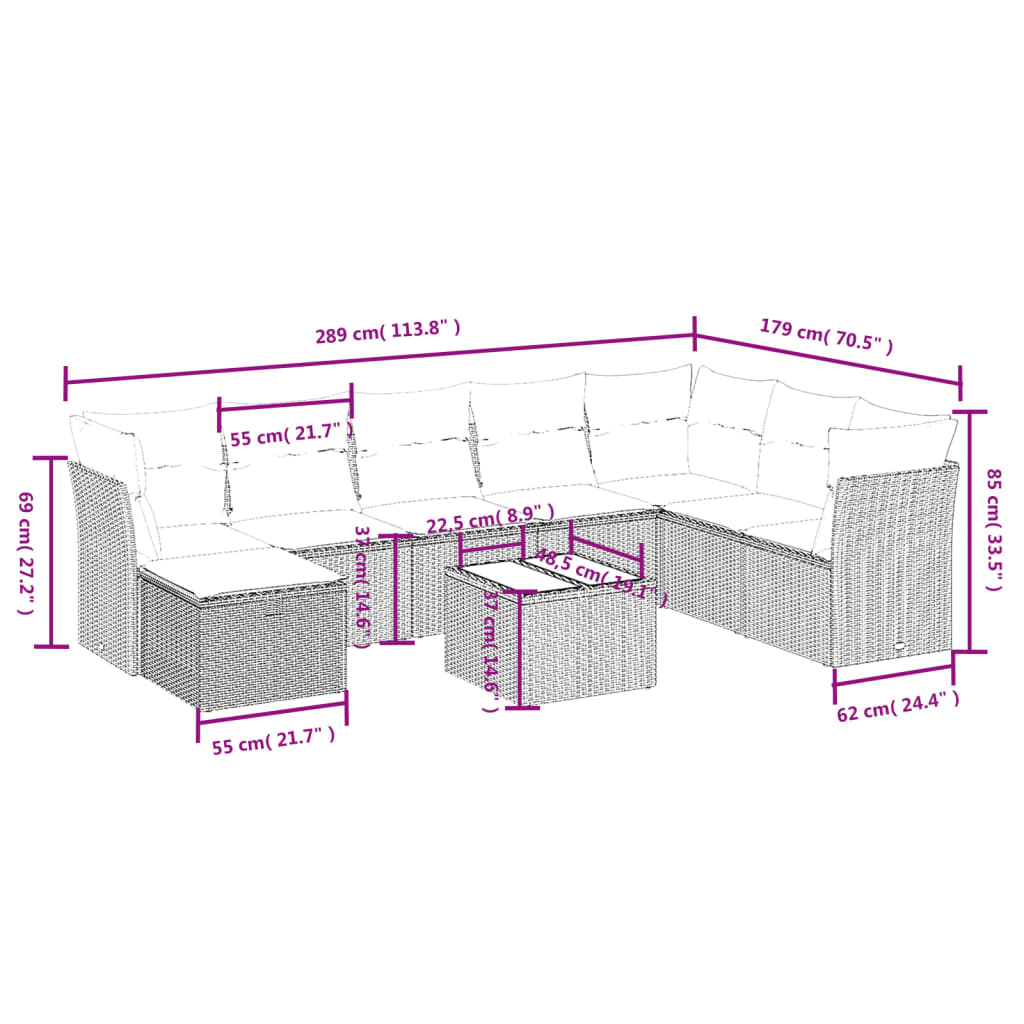 vidaXL Set muebles jardín 9 pzas y cojines ratán sintético gris claro