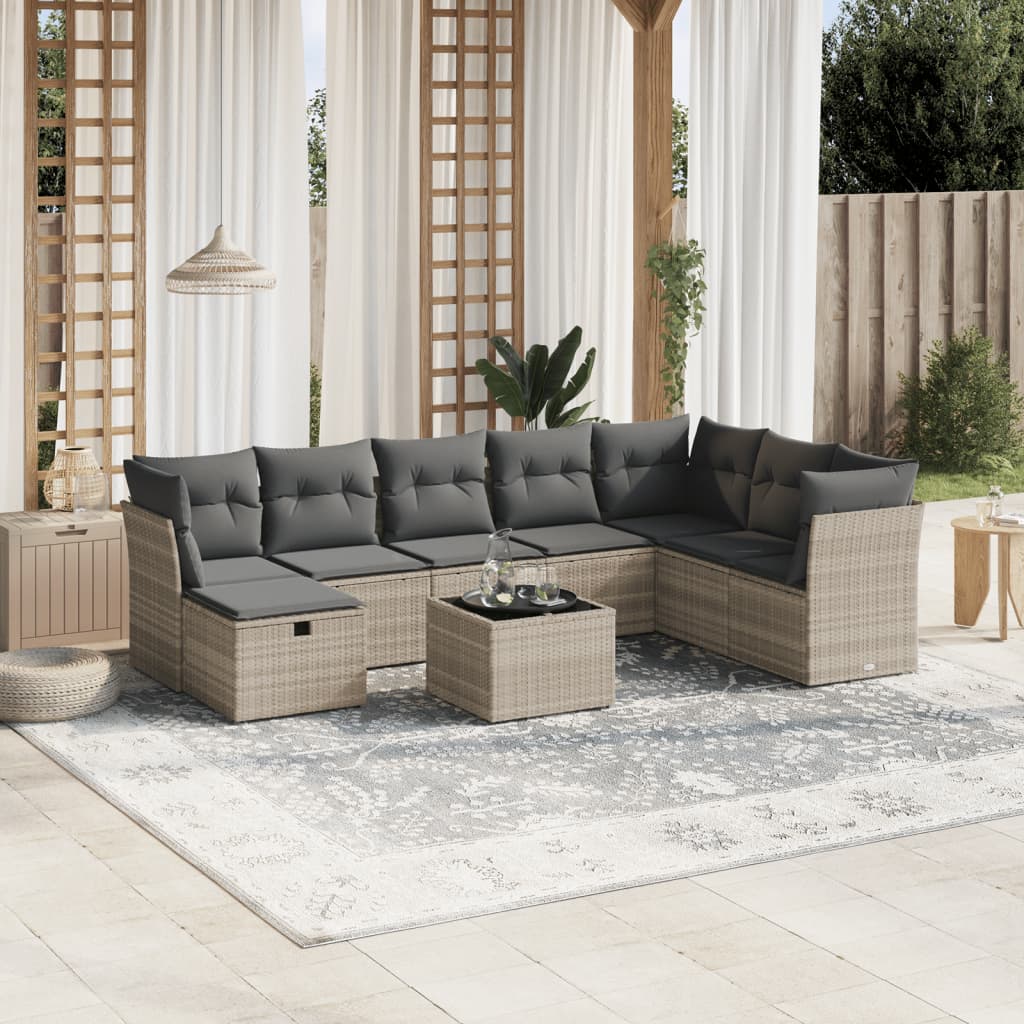 vidaXL Set muebles jardín 9 pzas y cojines ratán sintético gris claro