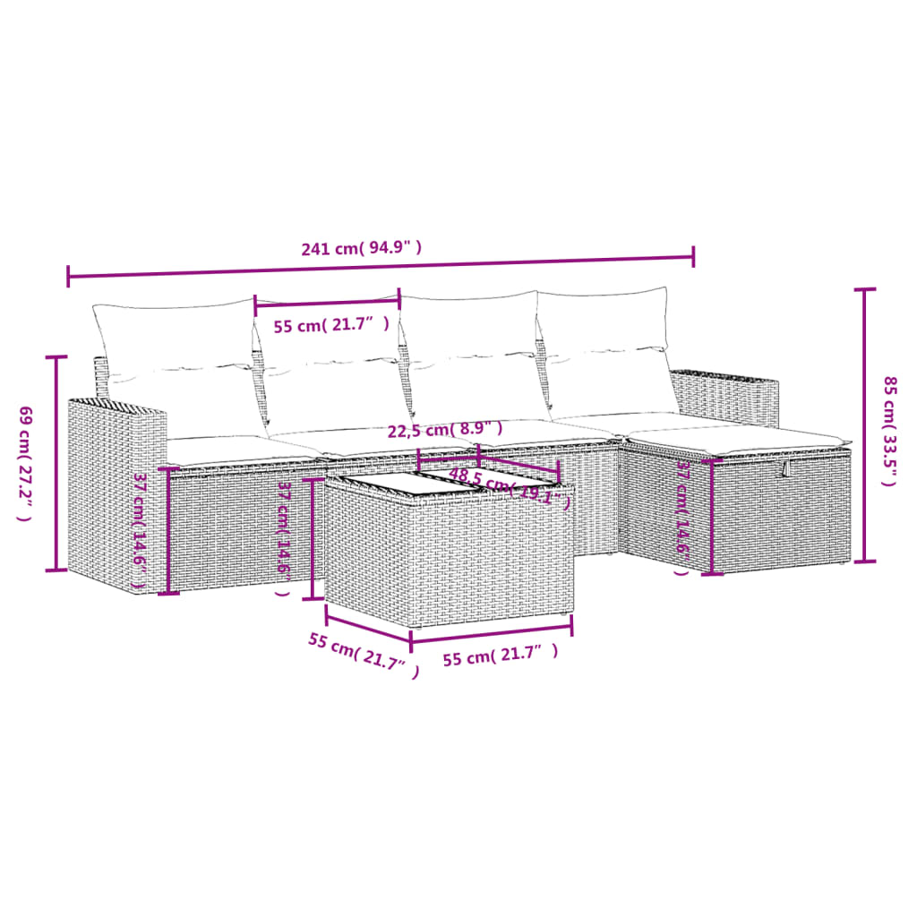 vidaXL Set de sofás de jardín 6 pzas y cojines ratán sintético gris