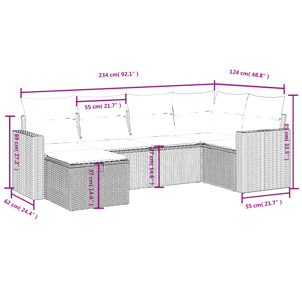 vidaXL Set de sofás de jardín 6 pzas y cojines ratán sintético gris