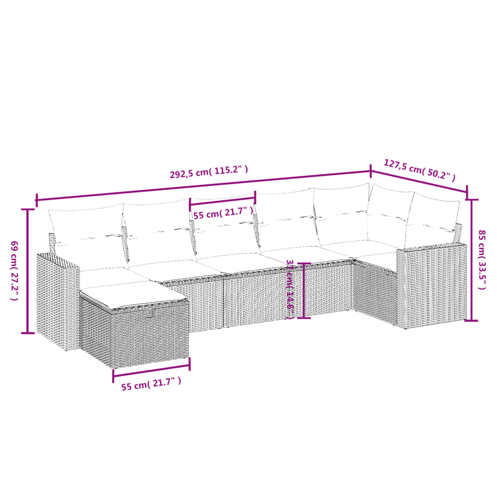 vidaXL Set de sofás de jardín 7 pzas con cojines ratán PE gris claro