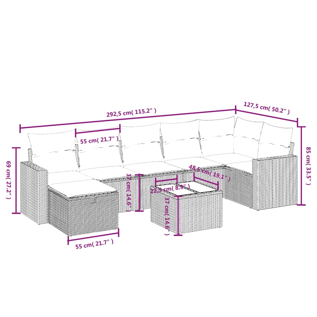 vidaXL Set de sofás de jardín 8 pzas y cojines ratán sintético gris