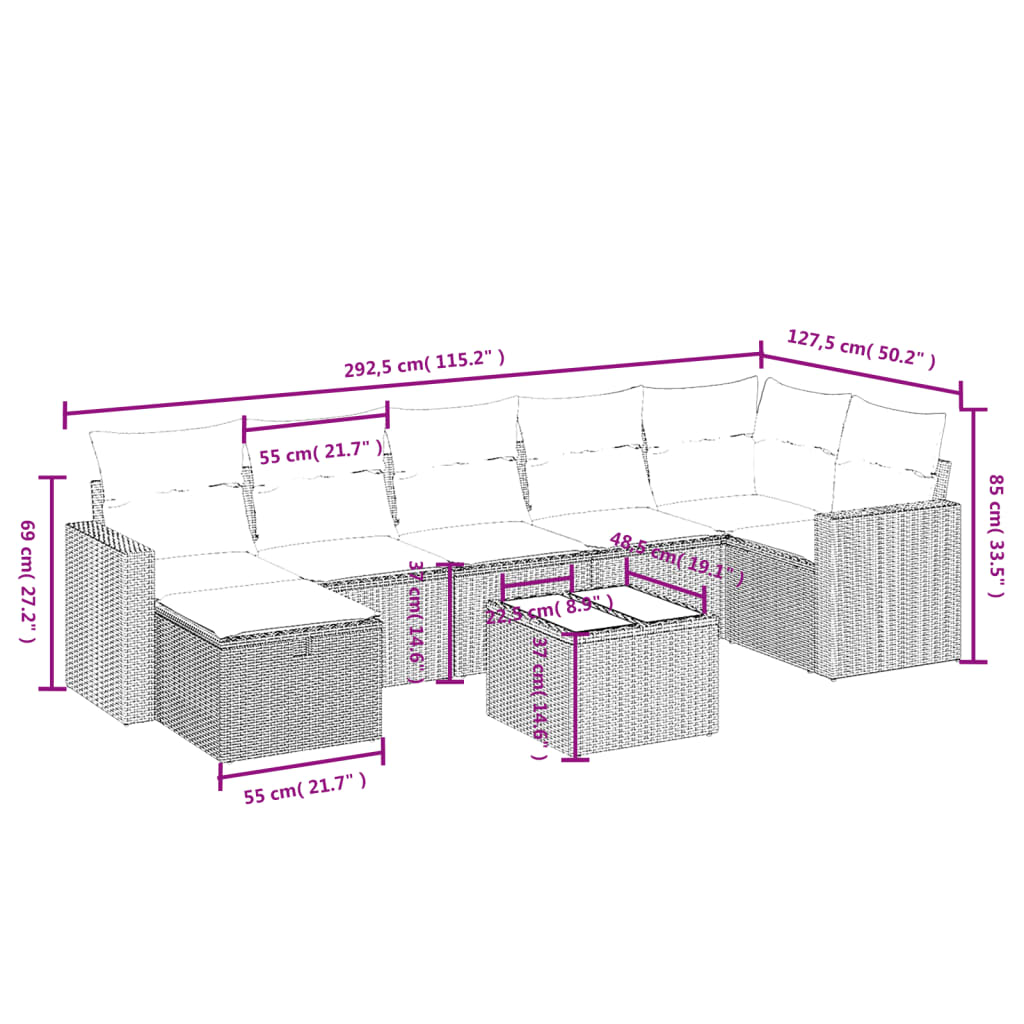 vidaXL Set sofás de jardín 8 piezas y cojines ratán sintético marrón