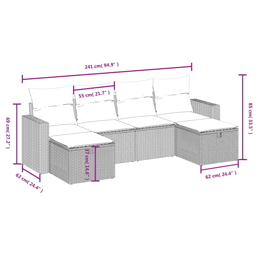 vidaXL Set de sofás de jardín 6 pzas y cojines ratán sintético gris