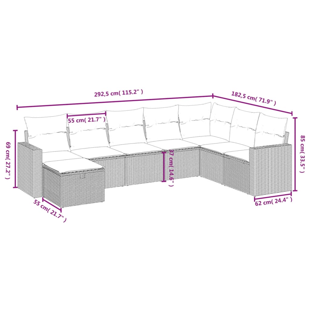 vidaXL Set de sofás de jardín 8 pzas y cojines ratán sintético gris