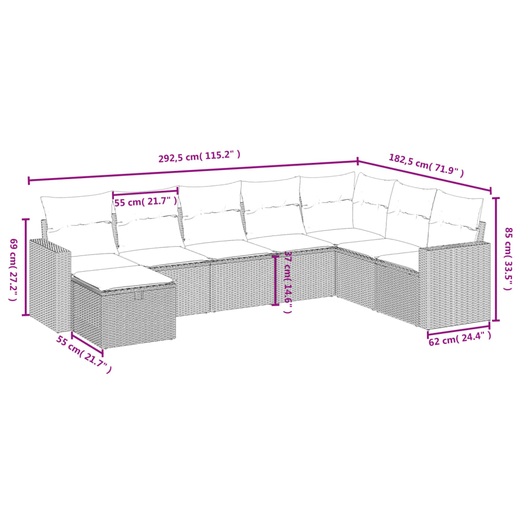 vidaXL Set de sofás de jardín 8 pzas y cojines ratán sintético gris