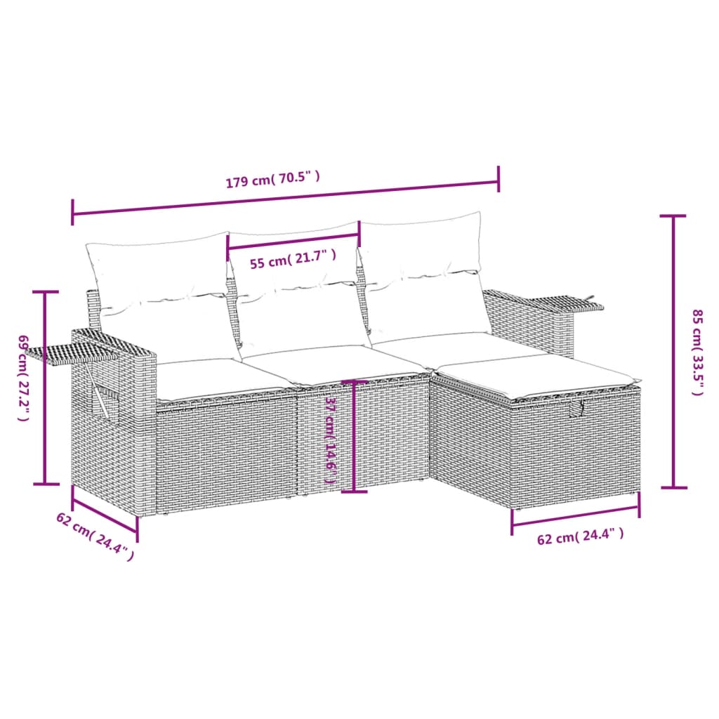 vidaXL Set de sofás de jardín 4 pzas y cojines ratán sintético gris