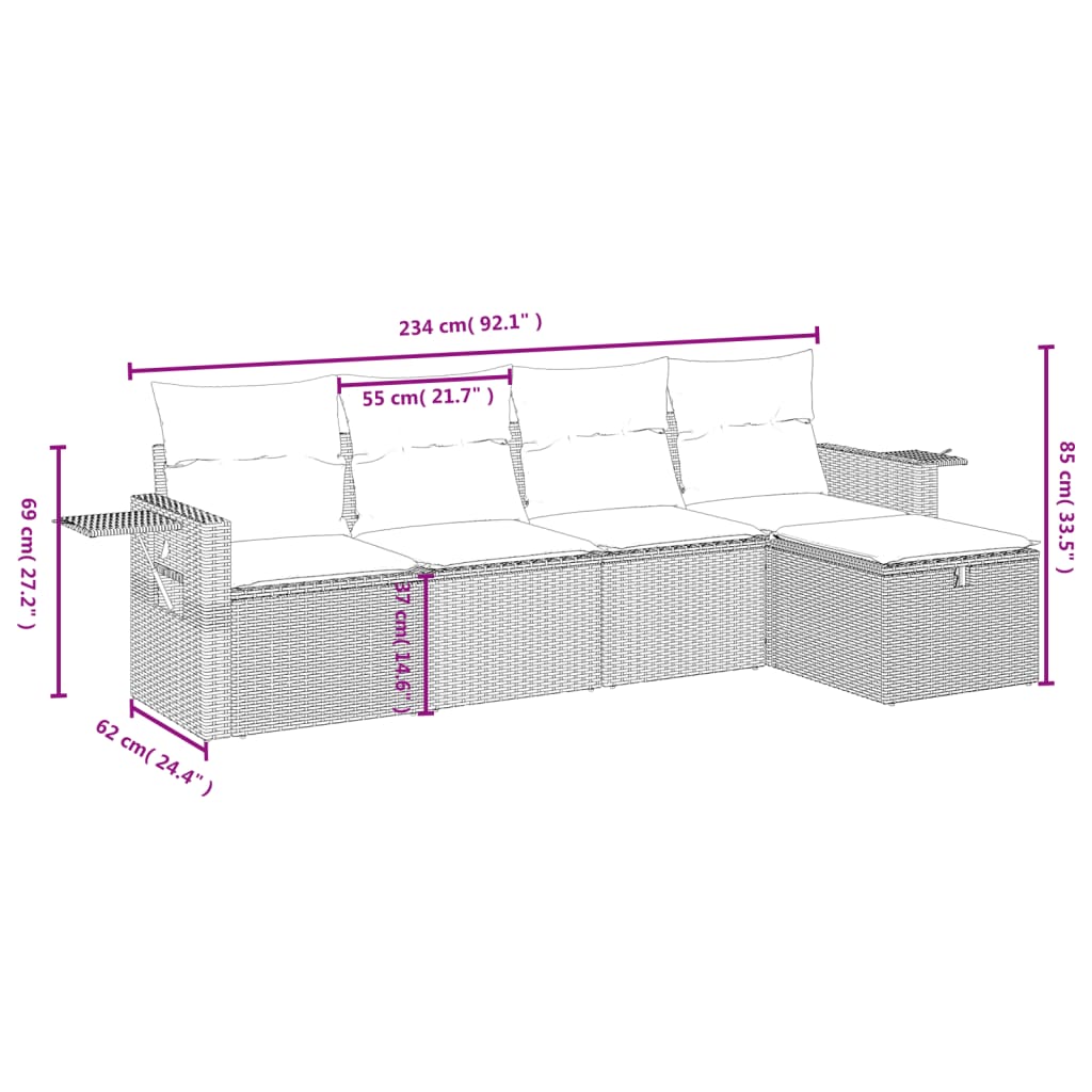 vidaXL Set comedor de jardín 5 piezas y cojines ratán sintético marrón