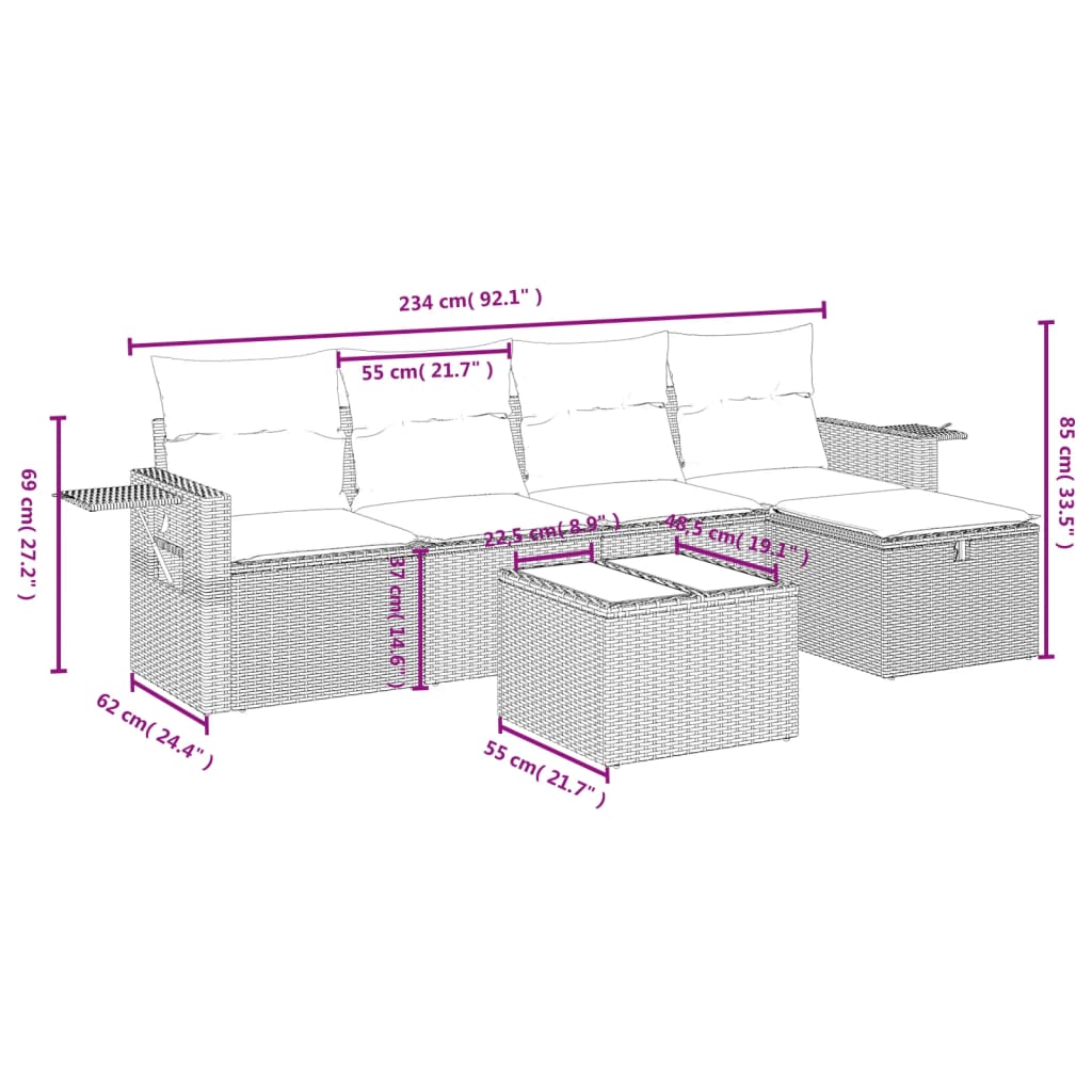 vidaXL Set sofás de jardín 6 piezas y cojines ratán sintético marrón