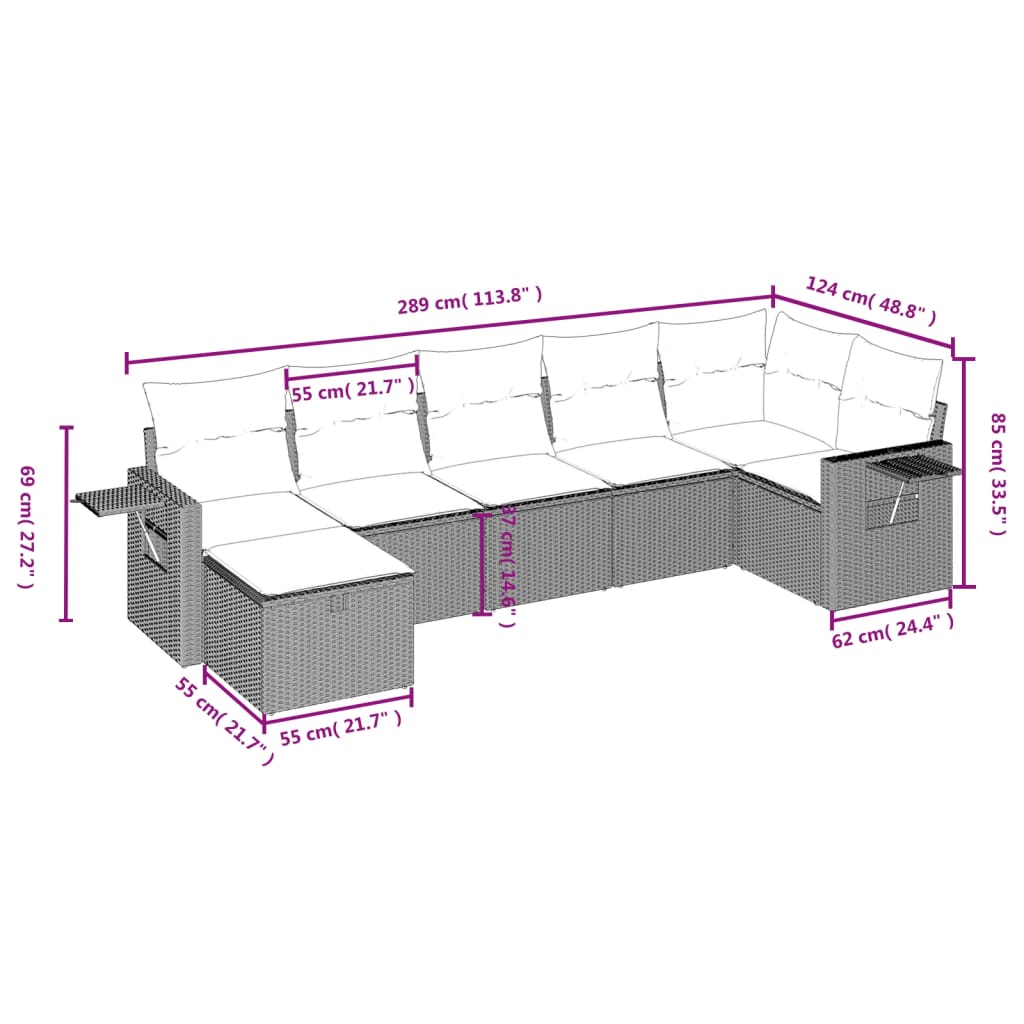 vidaXL Set de sofás de jardín 7 pzas con cojines ratán PE gris claro