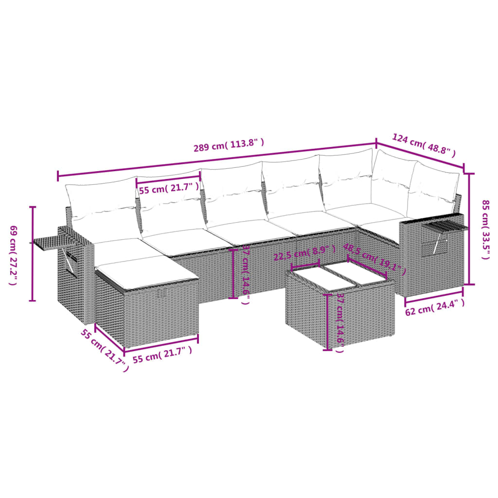 vidaXL Set de sofás de jardín 8 pzas y cojines ratán sintético gris