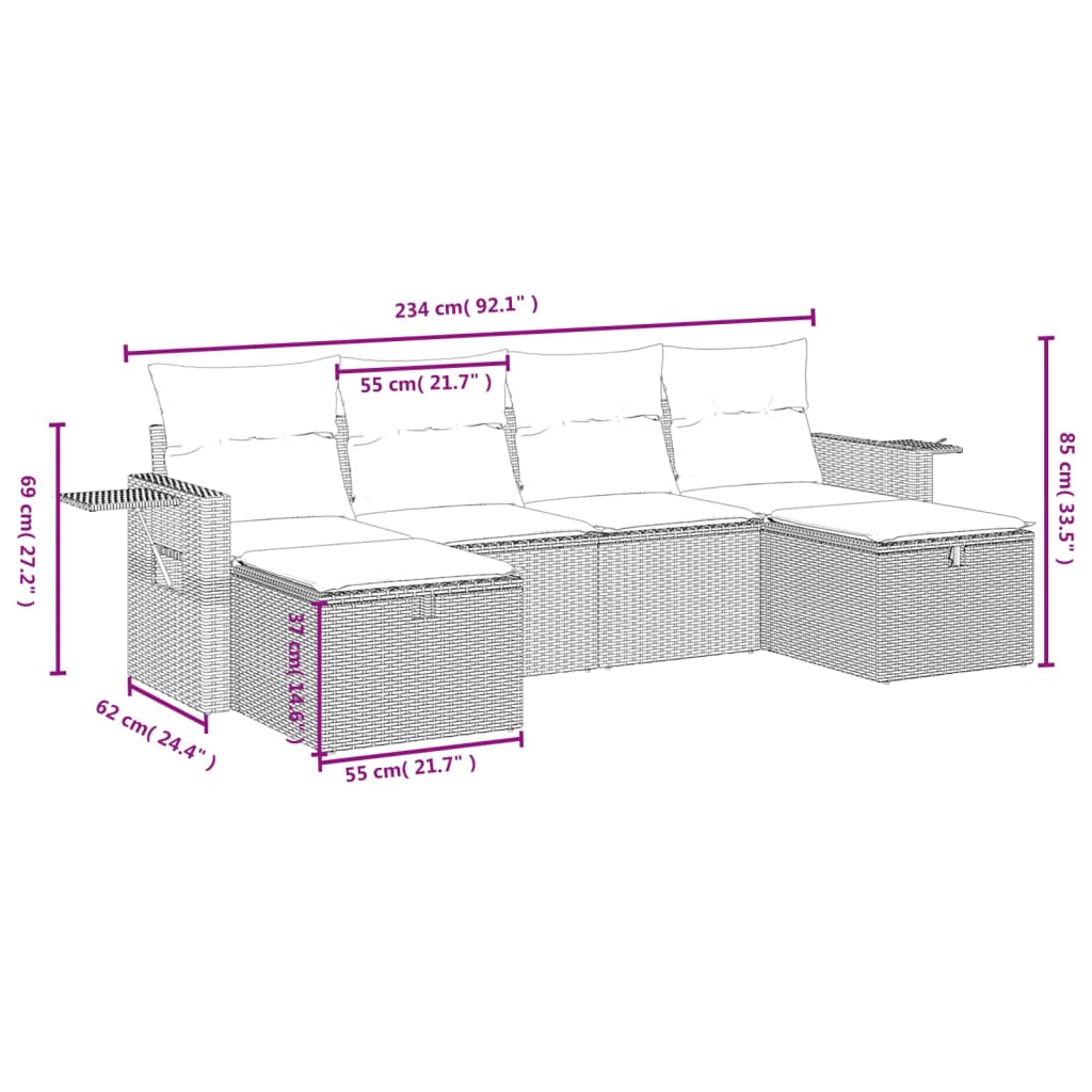 vidaXL Set de sofás de jardín 6 piezas y cojines ratán sintético negro