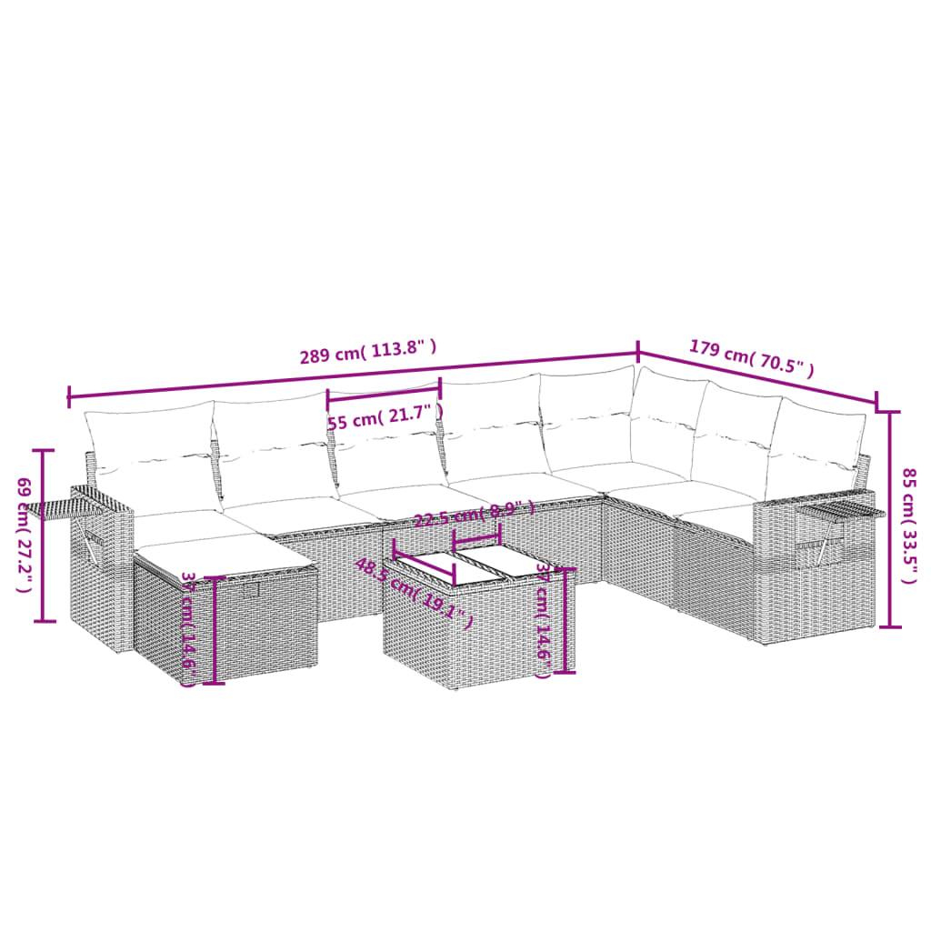 vidaXL Set muebles jardín 9 pzas y cojines ratán sintético gris claro