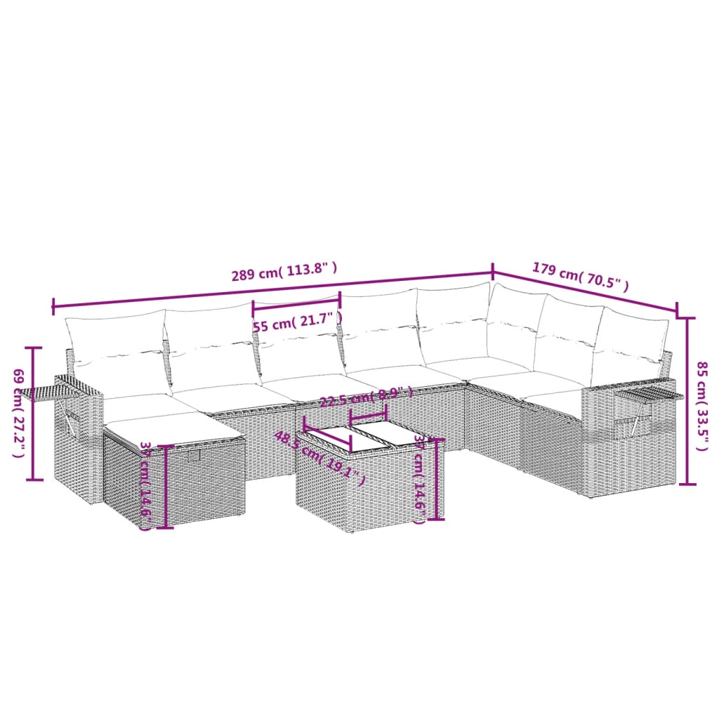 vidaXL Set de sofás de jardín 9 pzas y cojines ratán sintético marrón