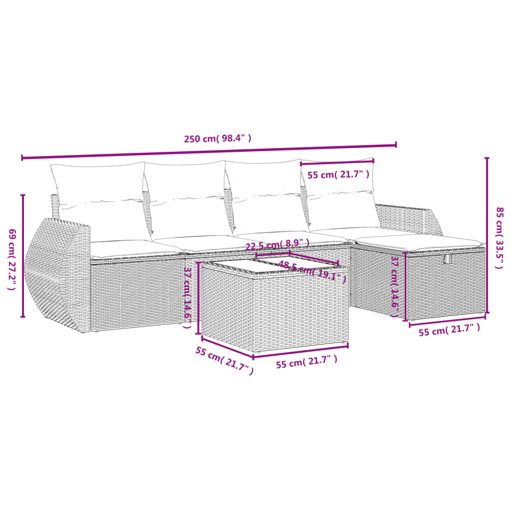 vidaXL Set sofás de jardín 6 piezas y cojines ratán sintético marrón