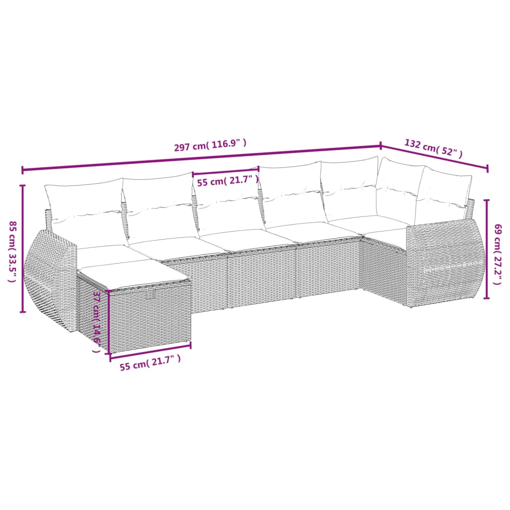 vidaXL Set de sofás de jardín 7 pzas con cojines ratán PE gris claro