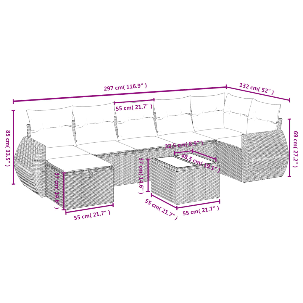 vidaXL Set de sofás de jardín 8 pzas y cojines ratán sintético gris