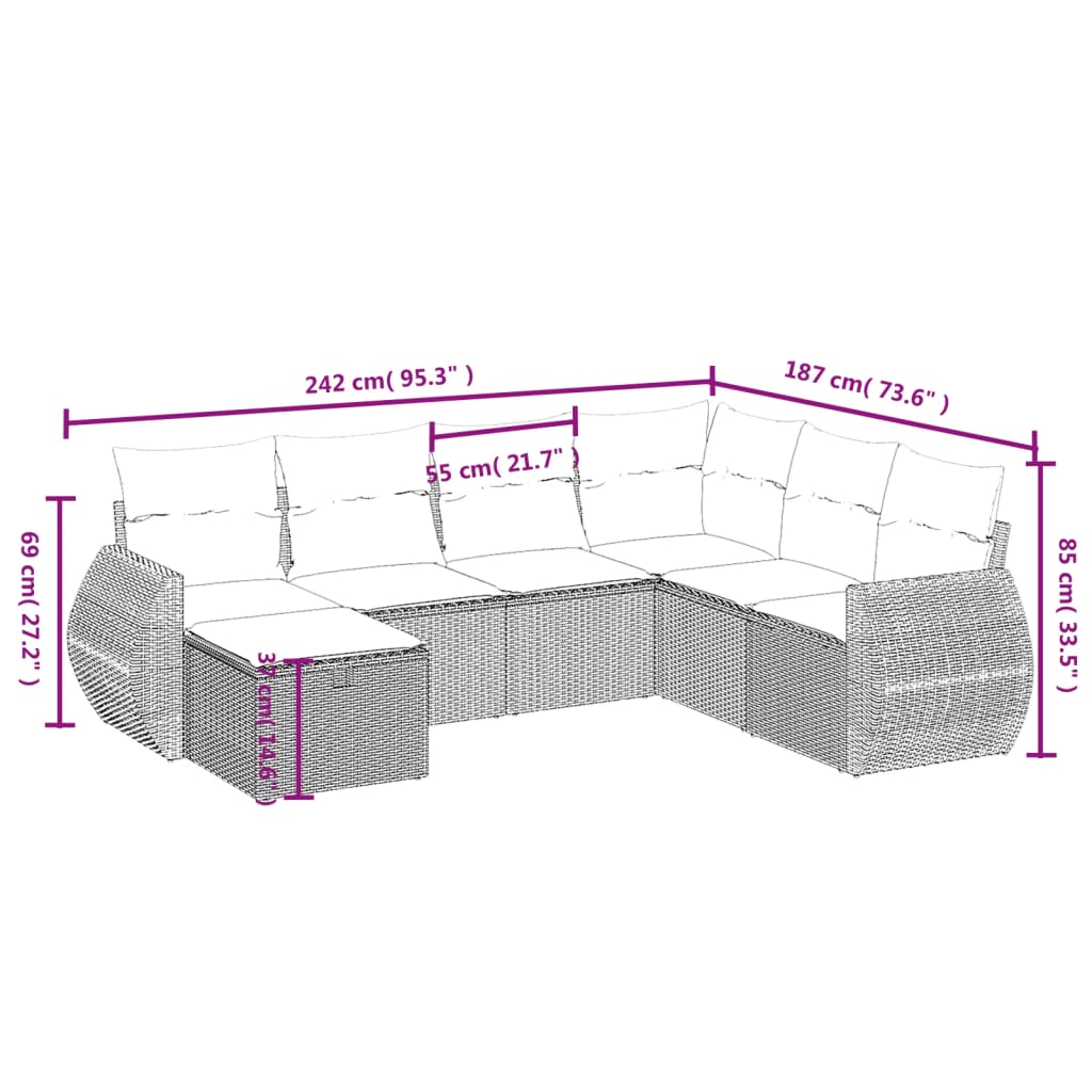 vidaXL Set de sofás de jardín 7 pzas con cojines ratán PE gris claro