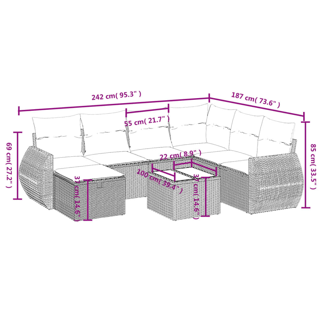 vidaXL Set de sofás de jardín 8 pzas y cojines ratán sintético gris