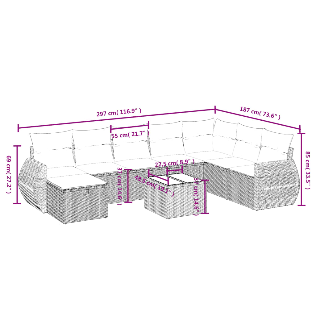 vidaXL Set muebles jardín 9 pzas y cojines ratán sintético gris claro