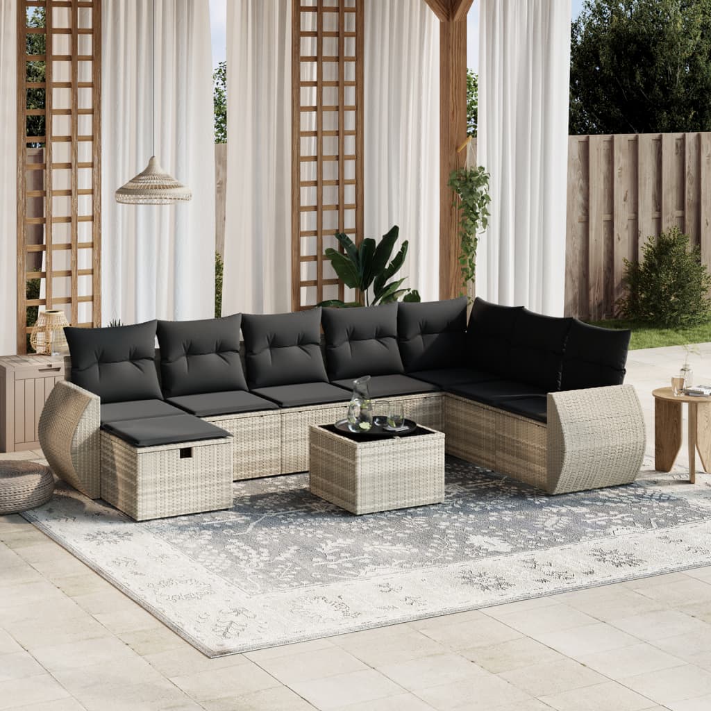 vidaXL Set muebles jardín 9 pzas y cojines ratán sintético gris claro