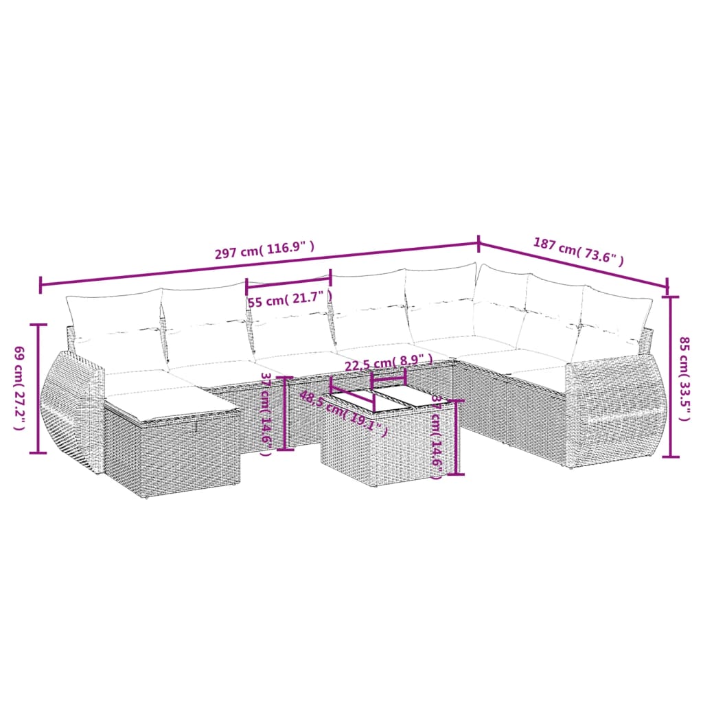 vidaXL Set de sofás de jardín 9 pzas y cojines ratán sintético marrón