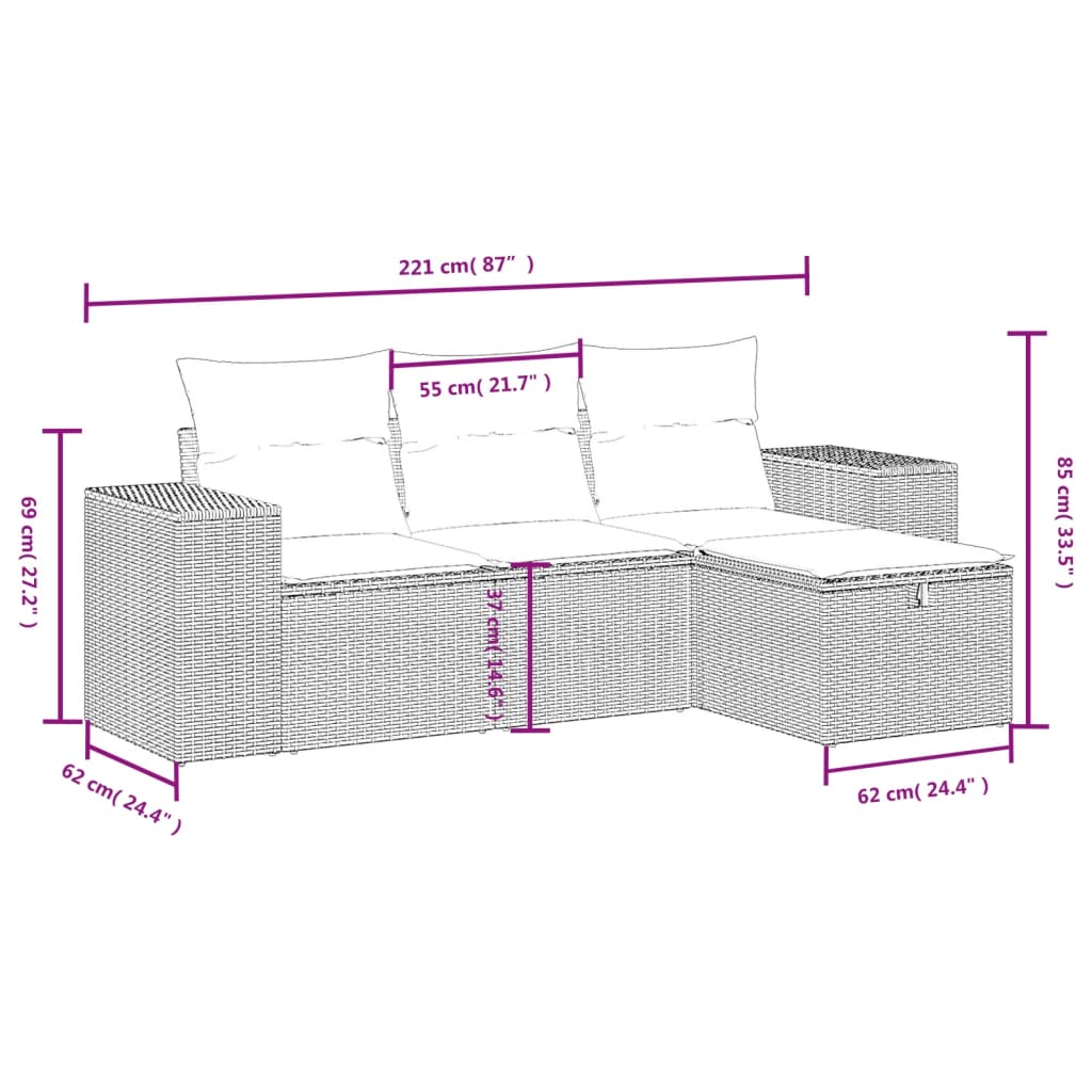 vidaXL Set de sofás de jardín 4 pzas y cojines ratán sintético gris