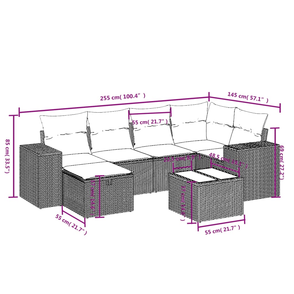 vidaXL Set de sofás de jardín 7 pzas con cojines ratán PE gris claro