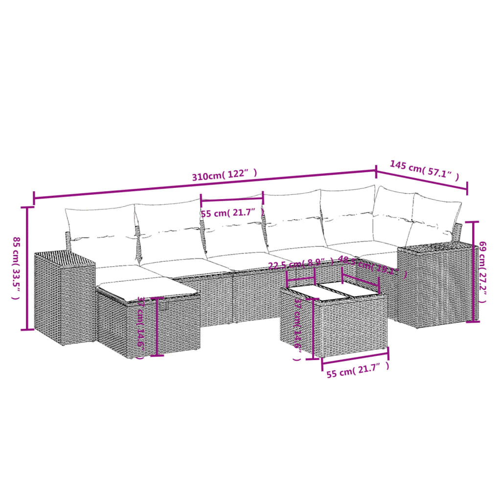 vidaXL Set de sofás de jardín 8 pzas y cojines ratán sintético gris