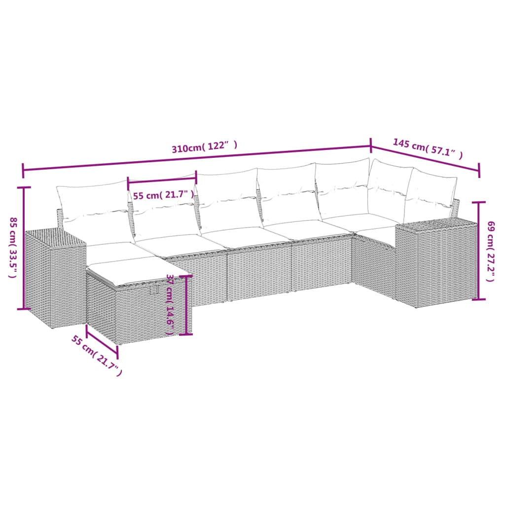 vidaXL Set de comedor de jardín 7 pzas y cojines ratán sintético negro