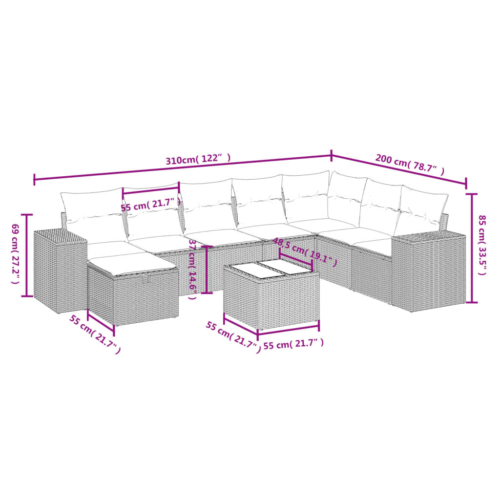 vidaXL Set muebles jardín 9 pzas y cojines ratán sintético gris claro