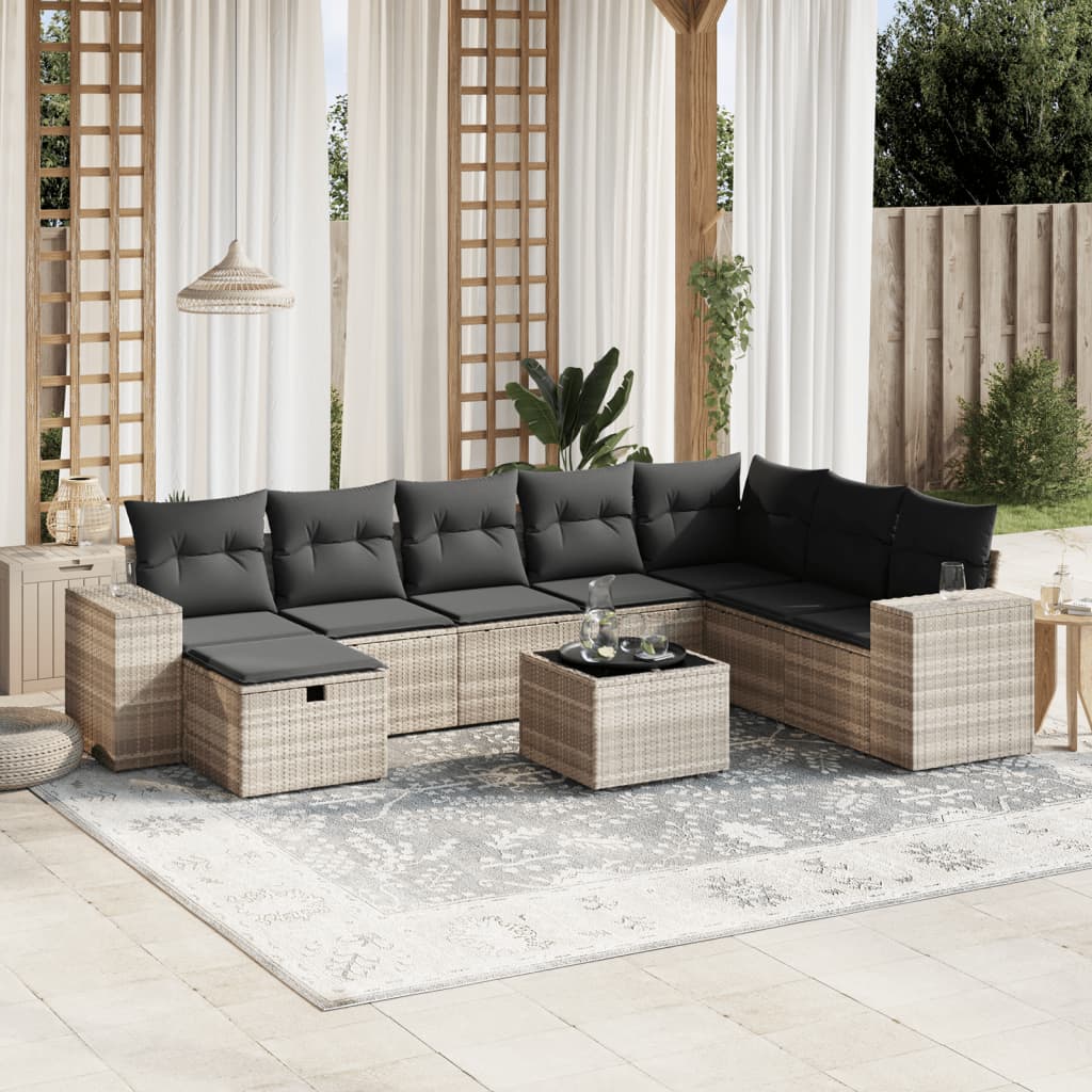 vidaXL Set muebles jardín 9 pzas y cojines ratán sintético gris claro