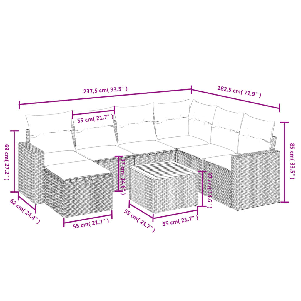 vidaXL Set de sofás de jardín 8 pzas y cojines ratán sintético gris