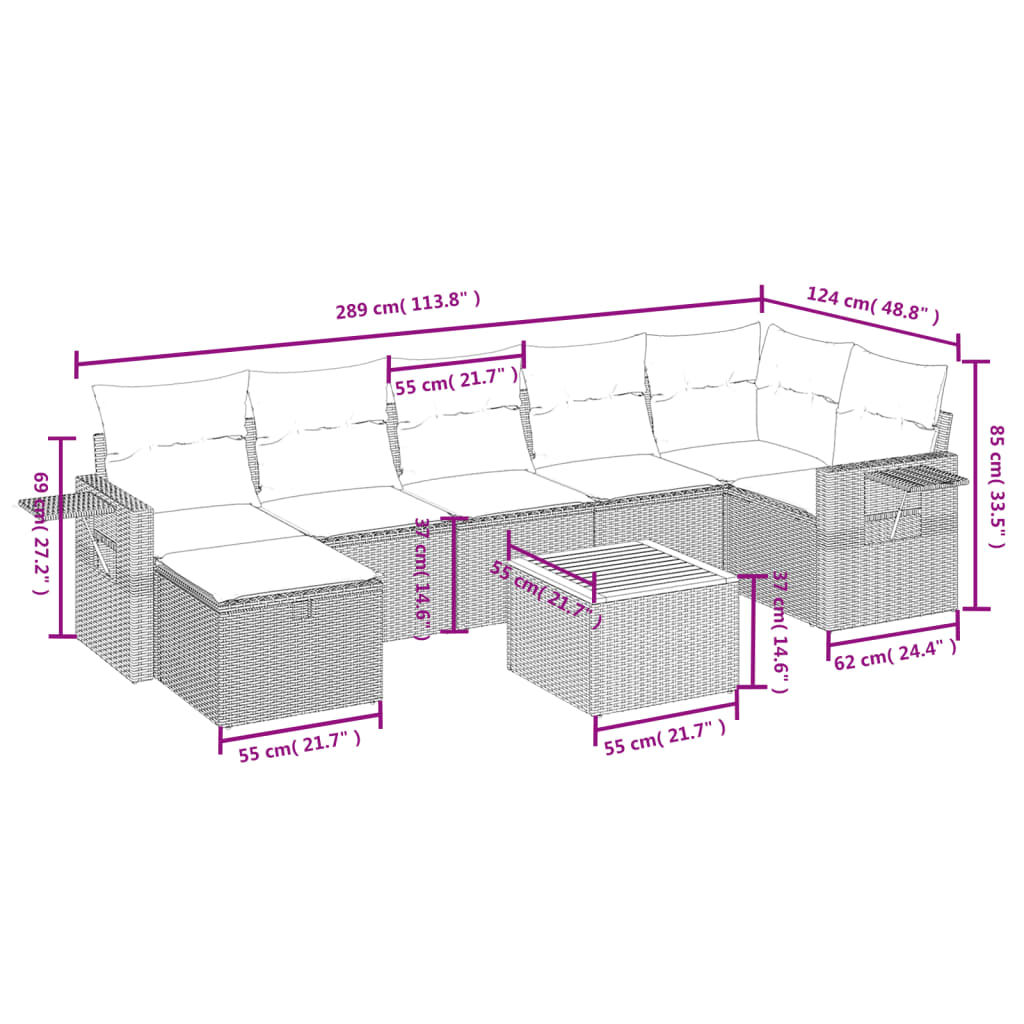 vidaXL Set de sofás de jardín 8 pzas y cojines ratán sintético gris